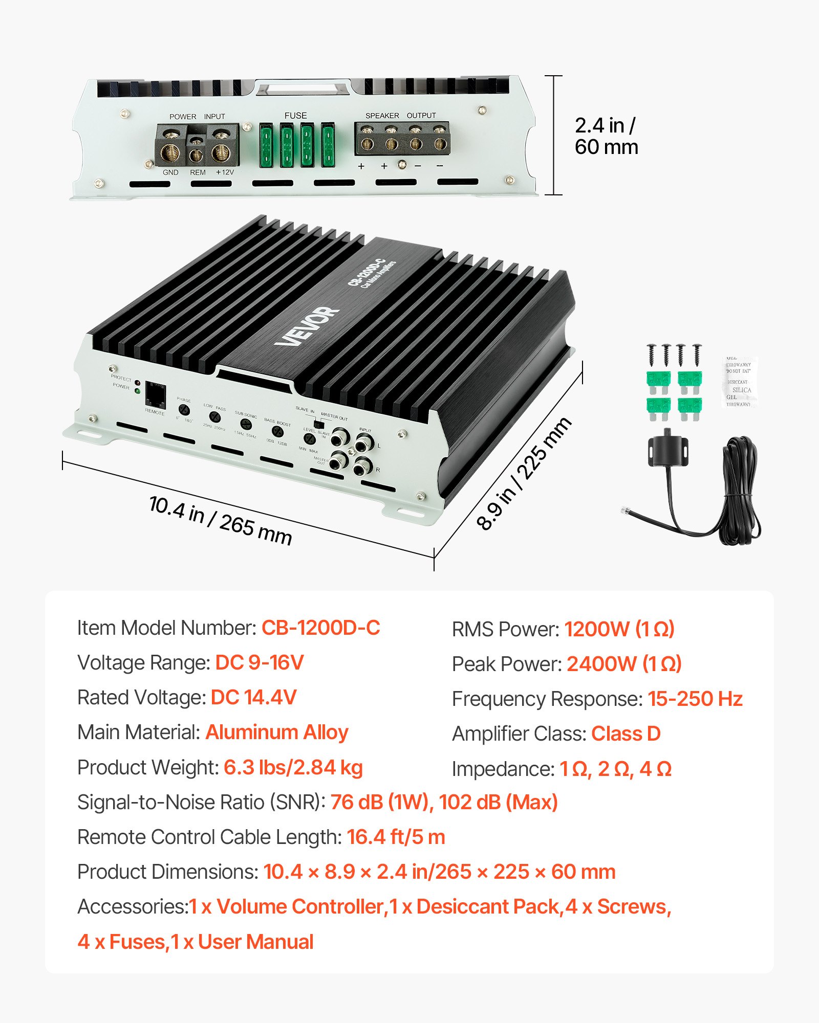 VEVOR Monoblock auto-versterker 1200 W RMS MAX 1/2/4 Ohm, audioversterker (klasse D) met afstandsbediening voor subwooferniveau, laagdoorlaatfilter, basversterking, faseverschuiving en volumeregeling.