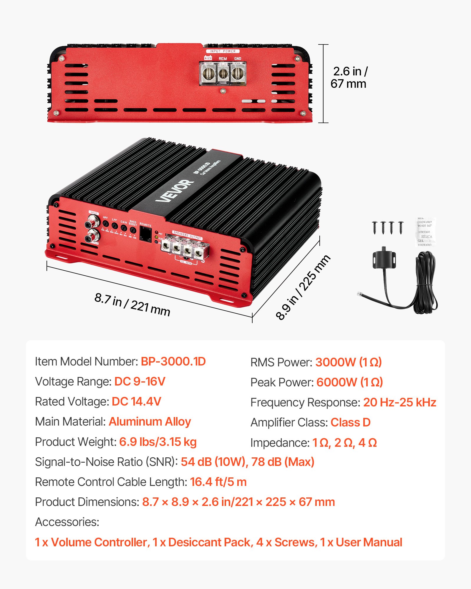 VEVOR Monoblock Car Amplifier, 3000W RMS MAX, 1/2/4 Ohm Stable, 1-Channel Class D Car Audio Amplifier with Remote Subwoofer Level Control, Low Pass Filter and Bass Boost, Volume Controller Included