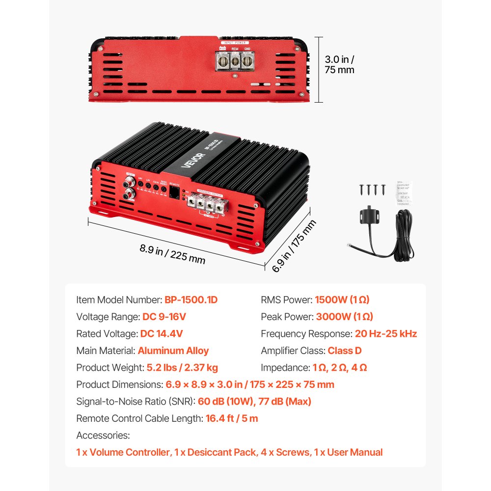 VEVOR Monoblock auto-versterker 1500 W RMS MAX 1/2/4 Ohm, audioversterker (klasse D / 1-kanaals) met afstandsbediening voor subwooferniveau, laagdoorlaatfilter, basversterking en volumeregeling.