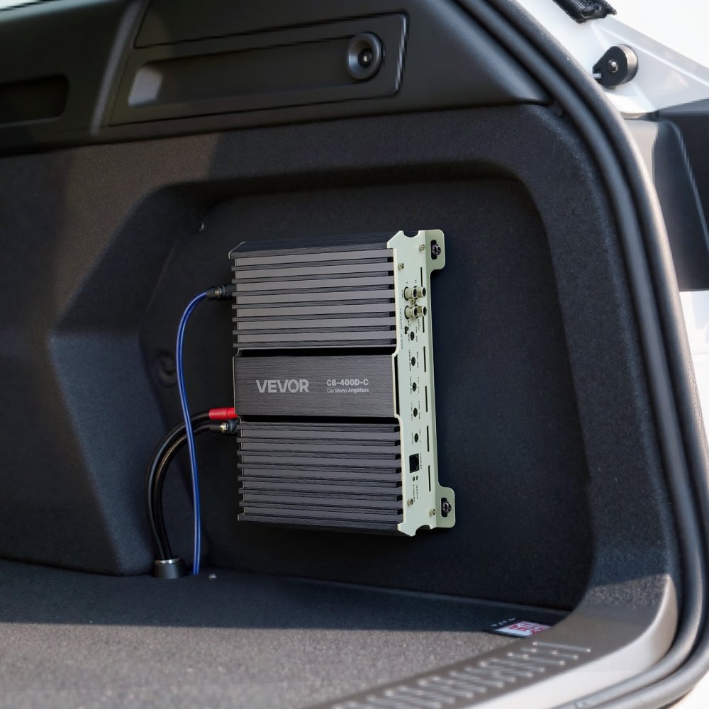 VEVOR Monoblock auto-versterker 400 W RMS MAX 1/2/4 Ohm, audioversterker (klasse D) met afstandsbediening voor subwooferniveau, laagdoorlaatfilter, basversterking, faseverschuiving en volumeregeling.