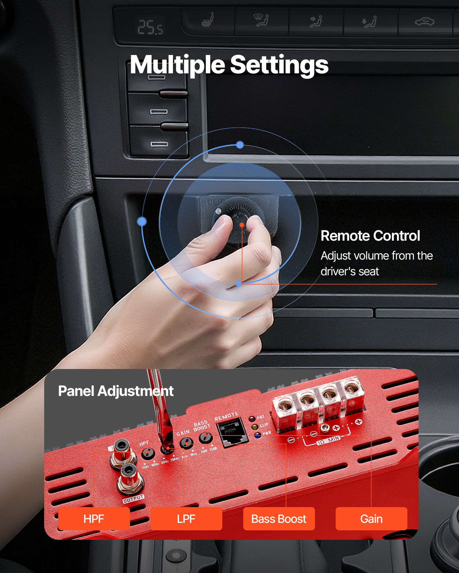 VEVOR Monoblock auto-versterker 2000 W RMS MAX 1/2/4 Ohm, audioversterker (klasse D / 1-kanaals) met afstandsbediening voor subwooferniveau, laagdoorlaatfilter, basversterking en volumeregeling.