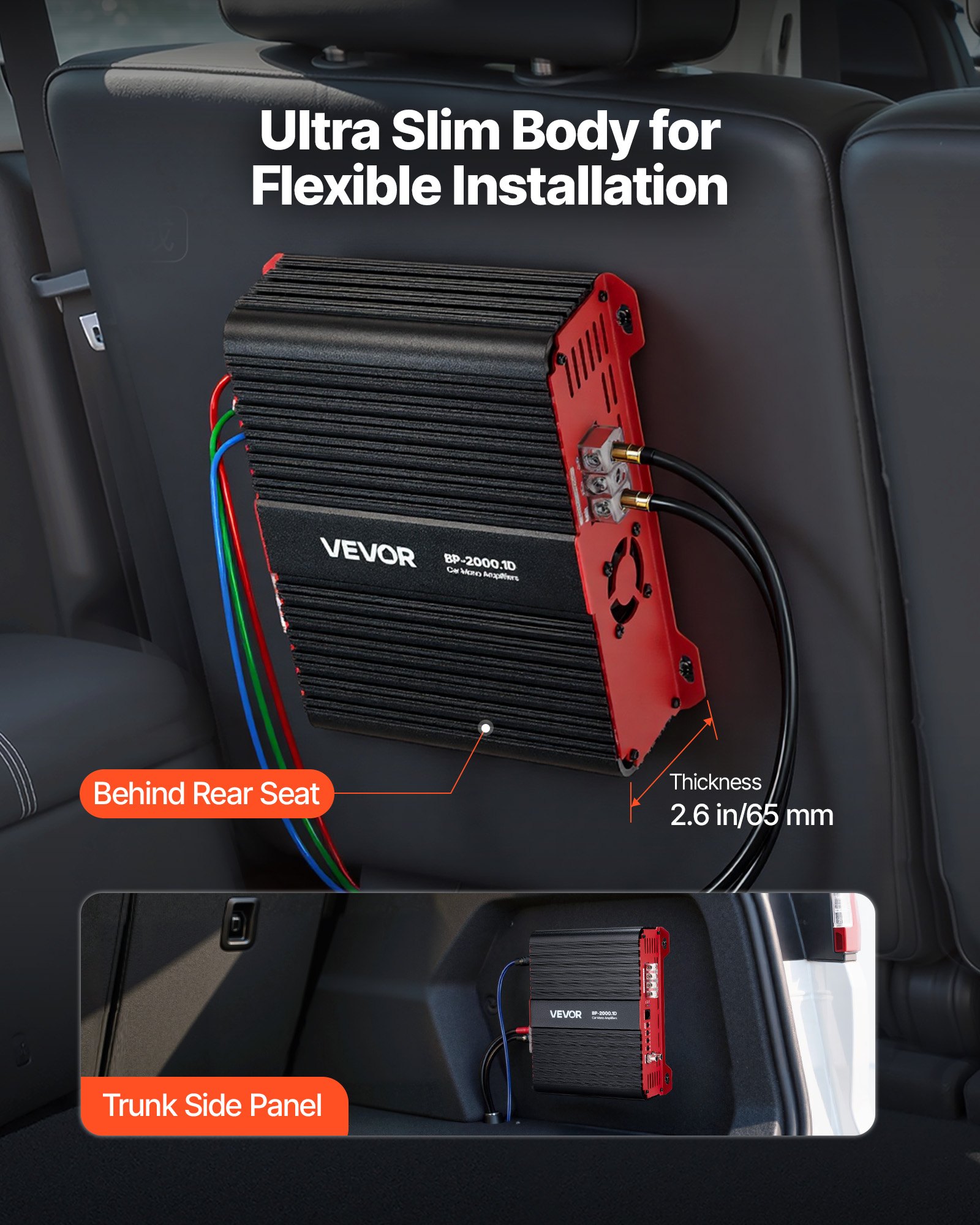 VEVOR Monoblock auto-versterker 2000 W RMS MAX 1/2/4 Ohm, audioversterker (klasse D / 1-kanaals) met afstandsbediening voor subwooferniveau, laagdoorlaatfilter, basversterking en volumeregeling.