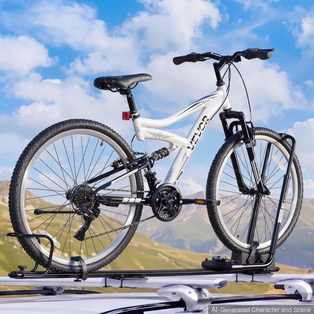 VEVOR rechtopstaande dakfietsendrager voor fietsen van 24-29 inch, opvouwbaar, zwart, roadtrips, aluminiumlegering, Q235 staal, frame-contactloze montage, dubbele armbevestiging met veilig vergrendelingssysteem