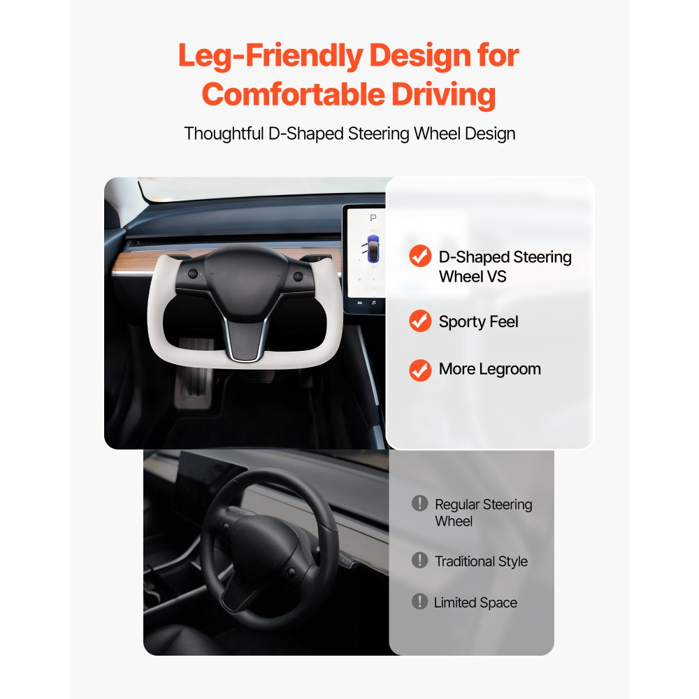 VEVOR-stuurwiel voor Tesla Model 3 (2016-2023), D-vormig stuurwiel van koolstofvezel, afgeplat aan de onderkant, met verwarmingsfunctie, lederen grip met antislipoppervlak, vervangingsonderdeel voor Model 3, wit