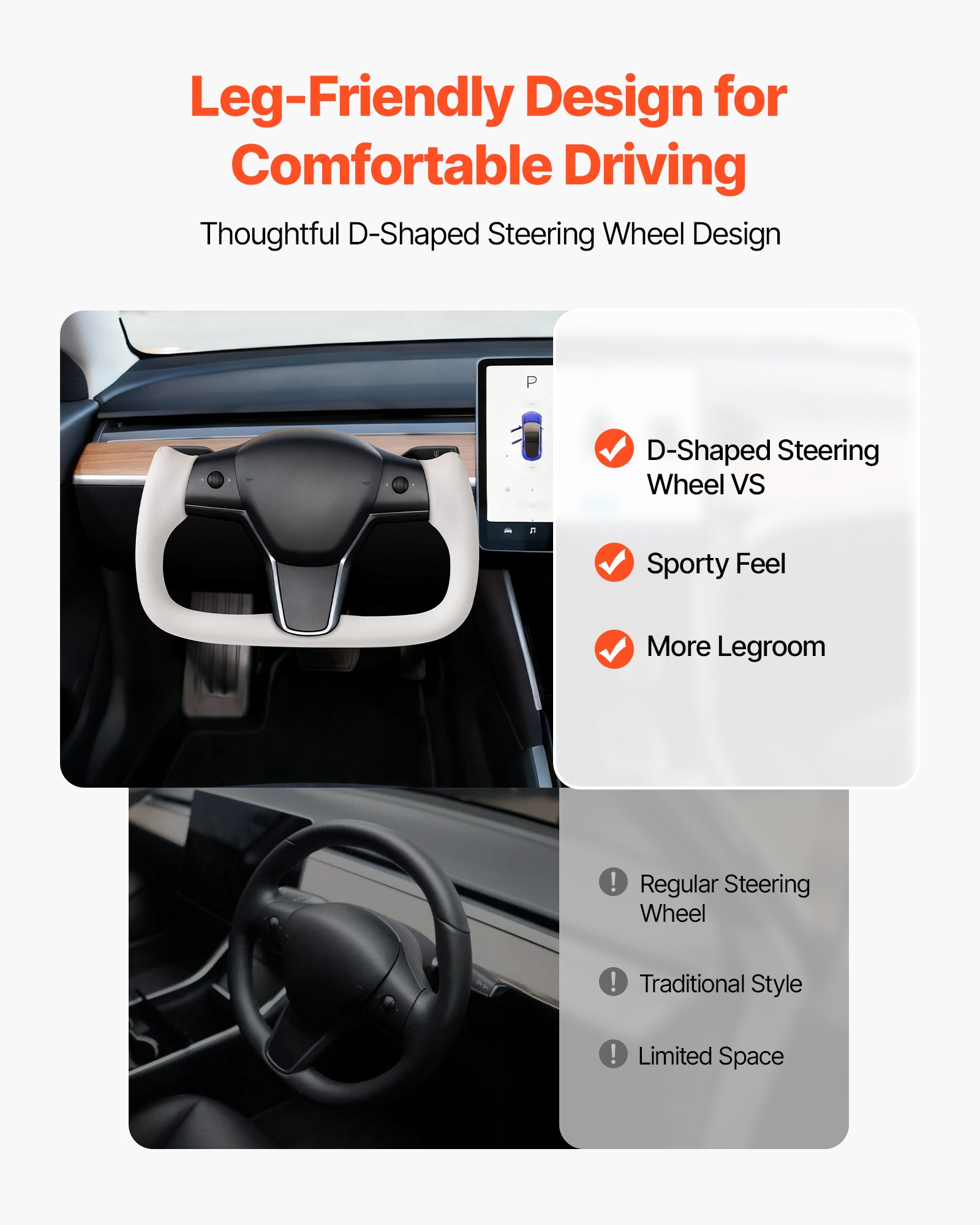 VEVOR-stuurwiel voor Tesla Model 3 (2016-2023), D-vormig stuurwiel van koolstofvezel, afgeplat aan de onderkant, met verwarmingsfunctie, lederen grip met antislipoppervlak, vervangingsonderdeel voor Model 3, wit