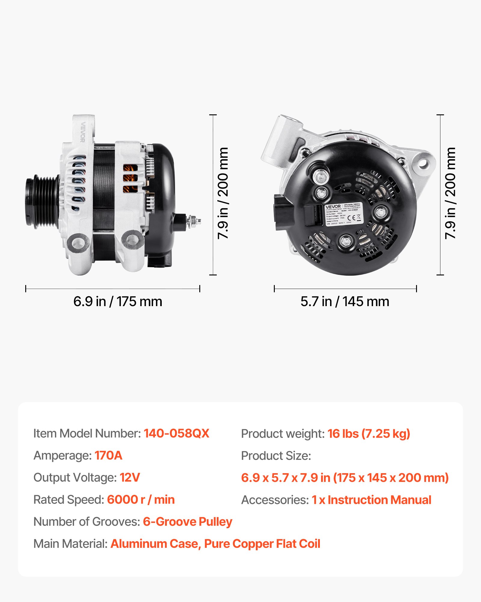 VEVOR Auto Dynamo Generator 11252, voor Buick Enclave Base 3.6L 2012-2013, Chevy Traverse LT 2009-2016, GMC Acadia SLT 2007-2015, Saturn Outlook V6 2007-2010, Auto Vervangende Dynamo 25815839