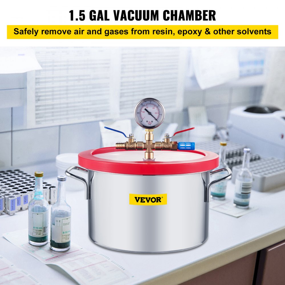 VEVOR 1.5 Gallon Vacuum Chamber, Vacuum Degassing Chamber Glass Lid Stainless Steel  Degassing Chamber Silicones for  Gas Extraction and Protect Food