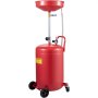 red VEVOR waste oil drain tank with funnel, handle, gauge, and wheels for easy mobility.