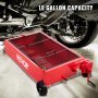 red VEVOR oil drain pan with 18 gallon capacity under a car.