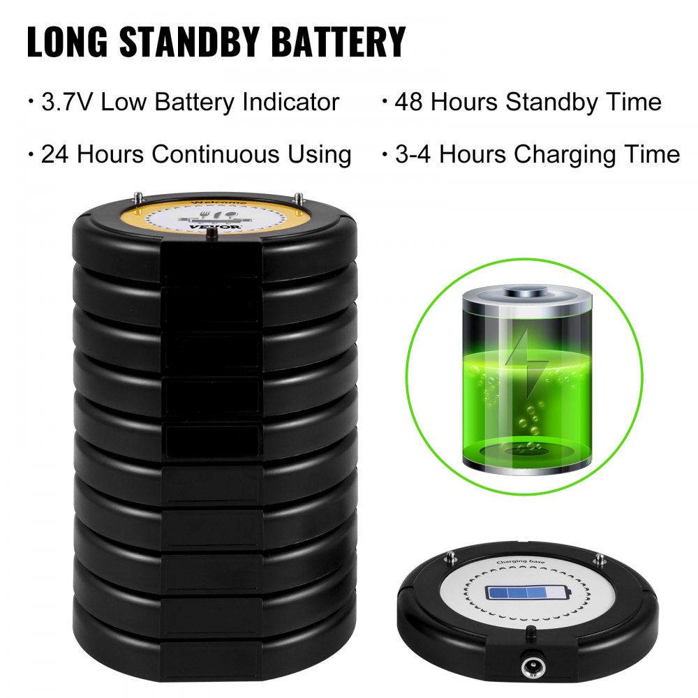 VEVOR Restaurant Pager 10 Coasters Paging System Max 999 Nursery Pager Wireless Paging Queuing Calling System with Vibration, Flashing and Buzzer for Social Distance Food Truck, Church and Clinic