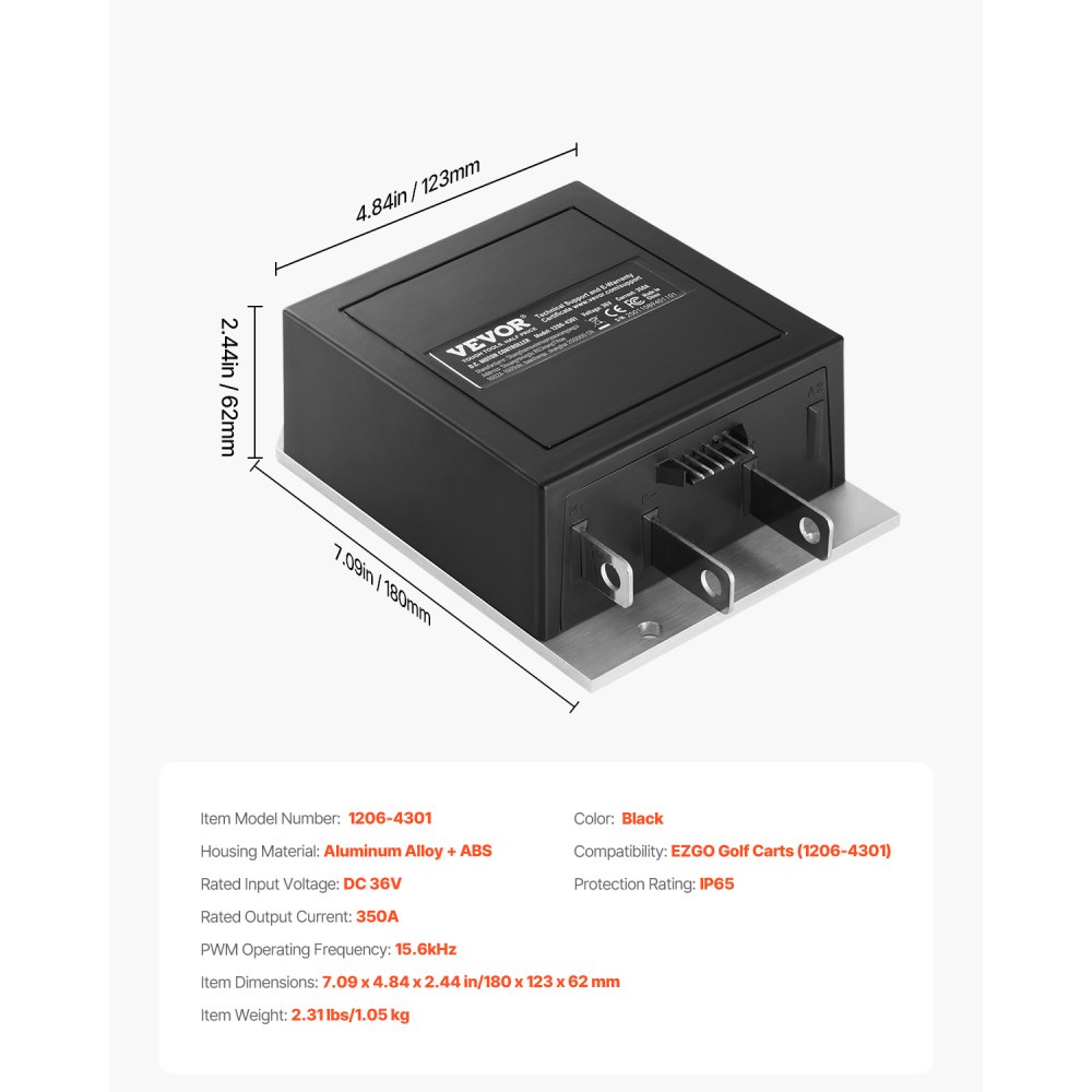 VEVOR Golf Cart Speed Controller, 36V and 350A, DC Motor Controller Replacement for 1994-2019 EZGO Golf Carts, IP65 Rated Protection, Aluminum Alloy & ABS Housing, Compatible with 1206-4301 Models