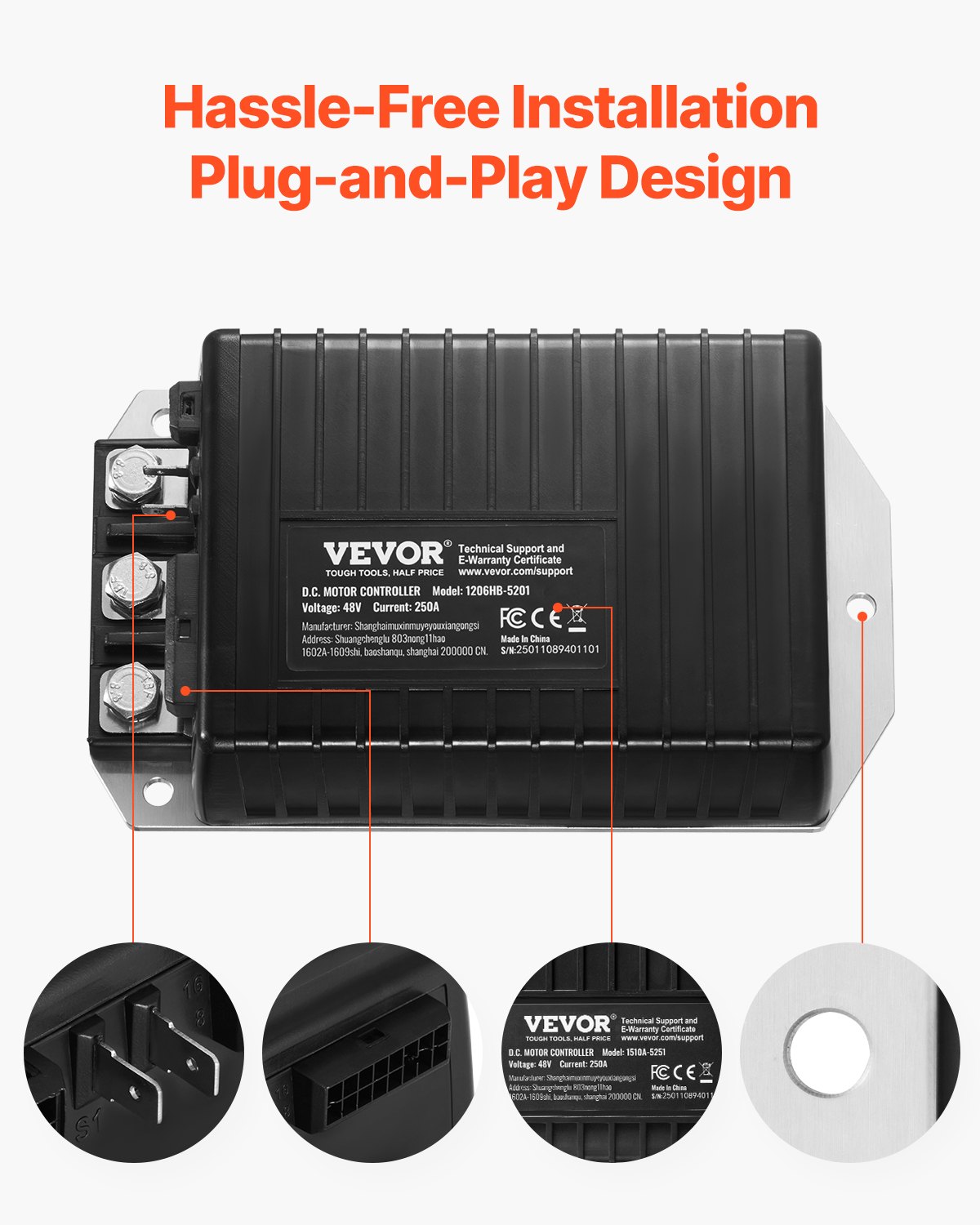 VEVOR Golf Cart Speed Controller, 48 Volt & 250 Amp, DC Motor Controller Replacement for EZGO TXT Golf Carts, IP65 Rated Protection, Aluminum Alloy & ABS Housing, Compatible with 1206HB-5201 Models