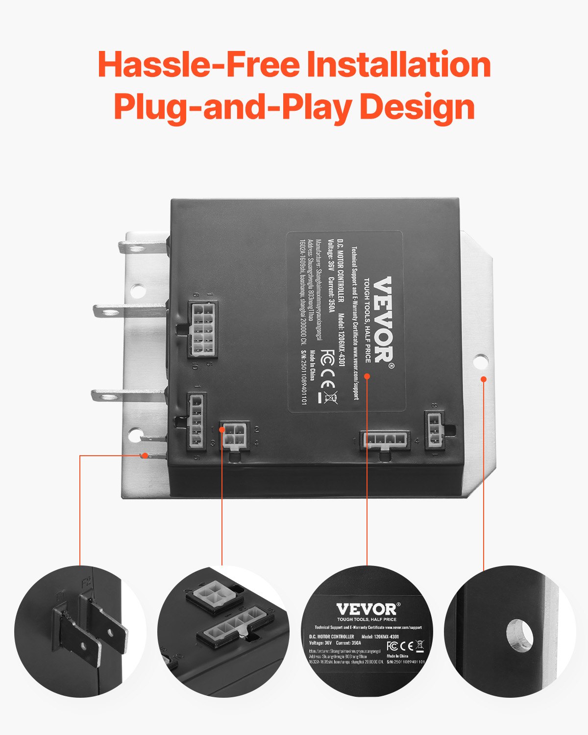VEVOR Golf Cart Speed Controller, 36V 350A, DC Motor Controller Replacement for 2000-2009 EZGO TXT Golf Carts, IP65 Rated Protection, Aluminum Alloy & ABS Housing, Compatible with 1206MX-4301 Models