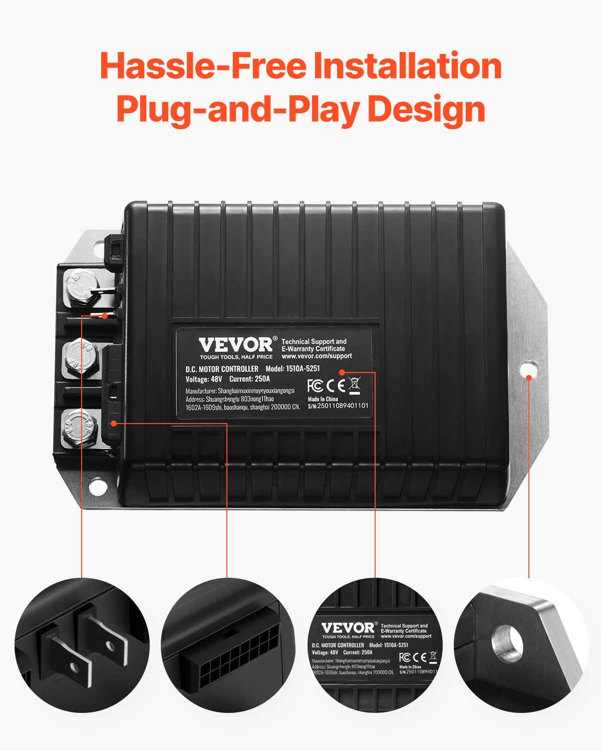 VEVOR Golf Cart Speed Controller, 48V & 250A, DC Motor Controller Replacement for 2000-2008 Club Car Golf Carts, IP65 Rated Protection, Aluminum Alloy & ABS Housing, Compatible with 1510A-5251 Models