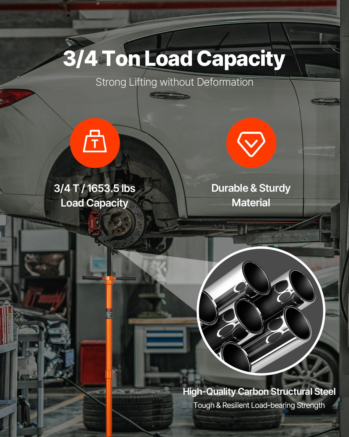 VEVOR Onderlift Ondersteuningsstandaard (ronde basis) 750 kg Onderlift Ondersteuningsstandaard (hefhoogte 134-193 cm) met gelagerde draaibare handgreep, zelfborgende schroefspindel en twee wielen Oranje