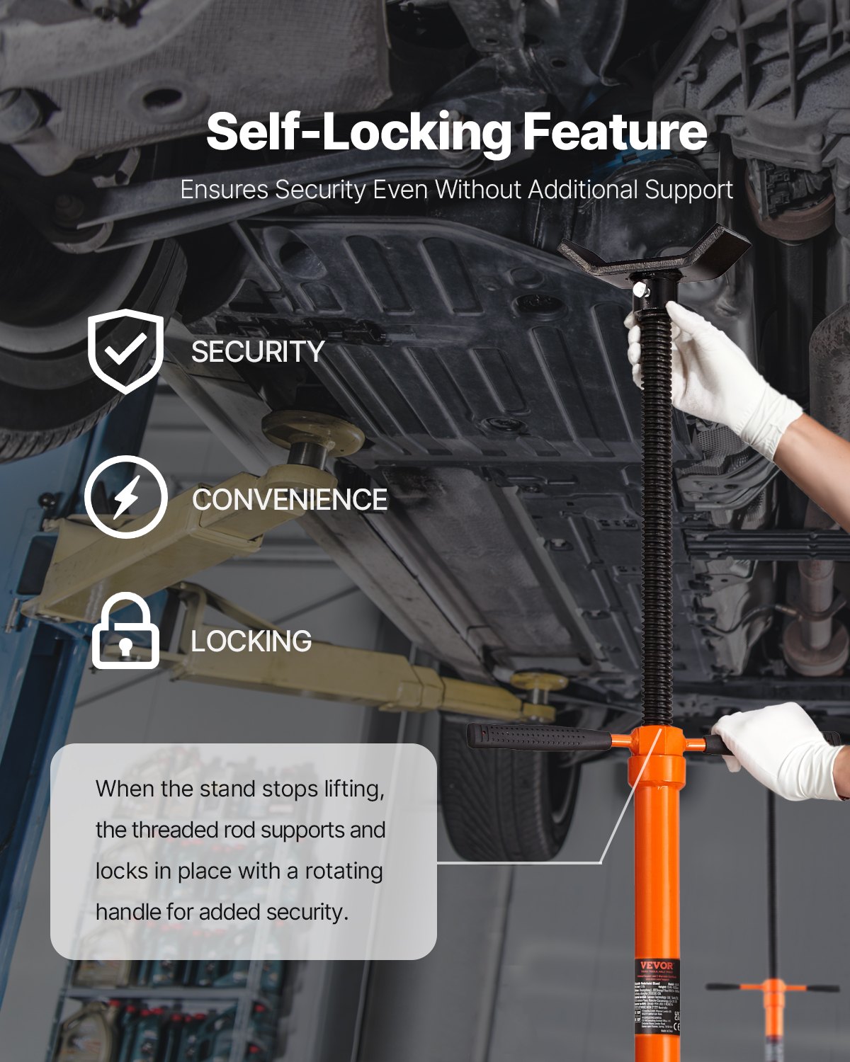 VEVOR Onderlift Ondersteuningsstandaard (ronde basis) 750 kg Onderlift Ondersteuningsstandaard (hefhoogte 134-193 cm) met gelagerde draaibare handgreep, zelfborgende schroefspindel en twee wielen Oranje