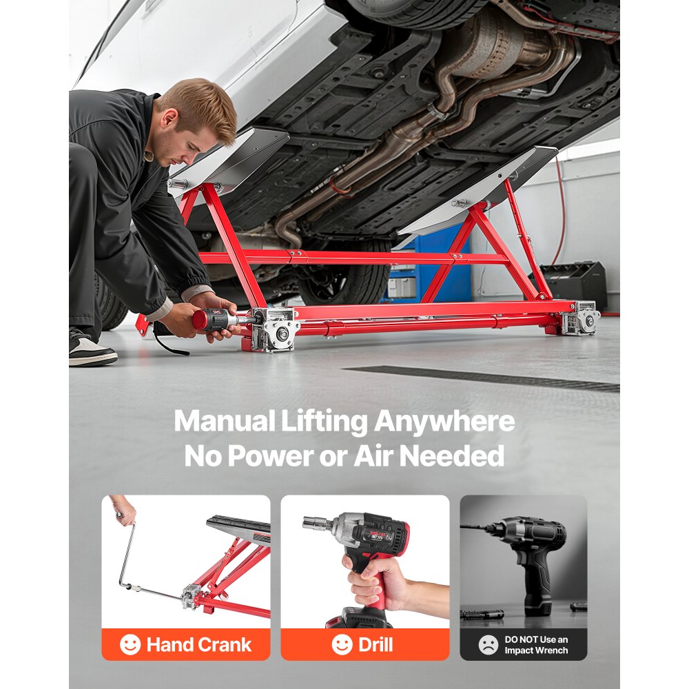 VEVOR draagbaar hefplatform, 2000 kg hefvermogen, stalen constructie met snelhefsysteem, maximale hefhoogte van 585 mm, verstelbare breedte en wielen. Hefinrichting voor auto's en bestelwagens, voor garages en werkplaatsen.