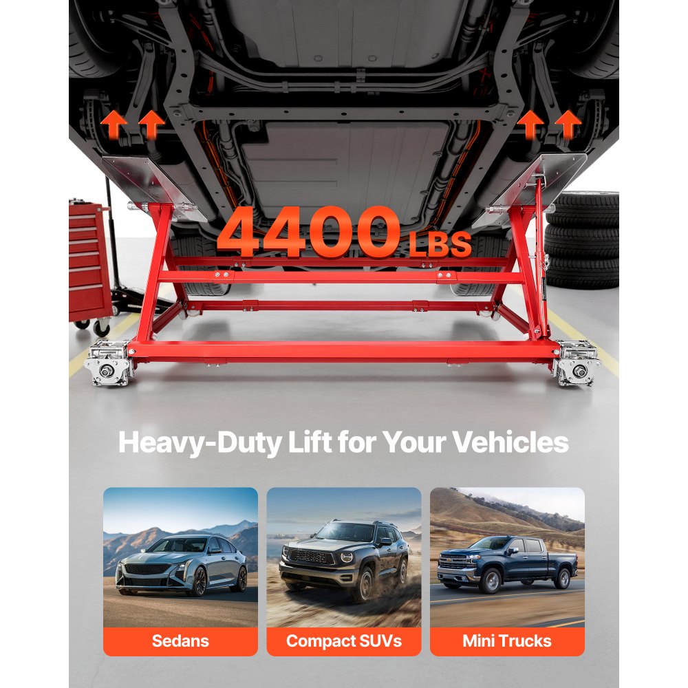 VEVOR draagbaar hefplatform, 2000 kg hefvermogen, stalen constructie met snelhefsysteem, maximale hefhoogte van 585 mm, verstelbare breedte en wielen. Hefinrichting voor auto's en bestelwagens, voor garages en werkplaatsen.