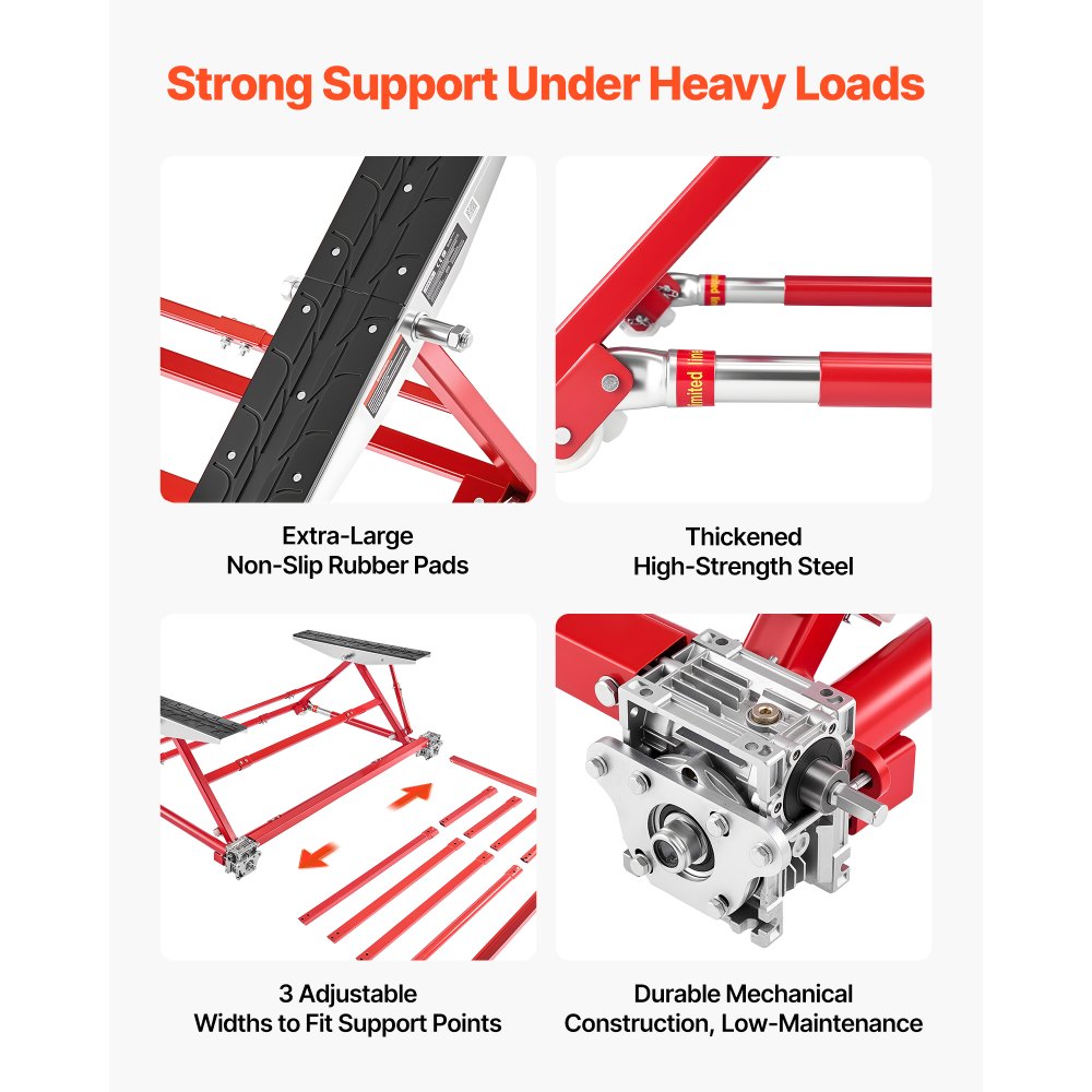 VEVOR draagbaar hefplatform, 2000 kg hefvermogen, stalen constructie met snelhefsysteem, maximale hefhoogte van 585 mm, verstelbare breedte en wielen. Hefinrichting voor auto's en bestelwagens, voor garages en werkplaatsen.