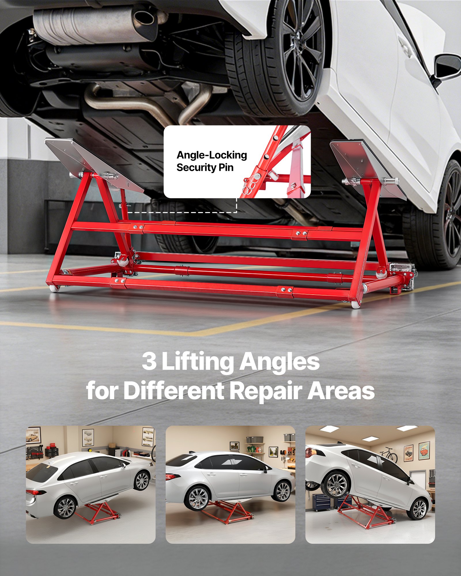 VEVOR draagbaar hefplatform, 2000 kg hefvermogen, stalen constructie met snelhefsysteem, maximale hefhoogte van 585 mm, verstelbare breedte en wielen. Hefinrichting voor auto's en bestelwagens, voor garages en werkplaatsen.