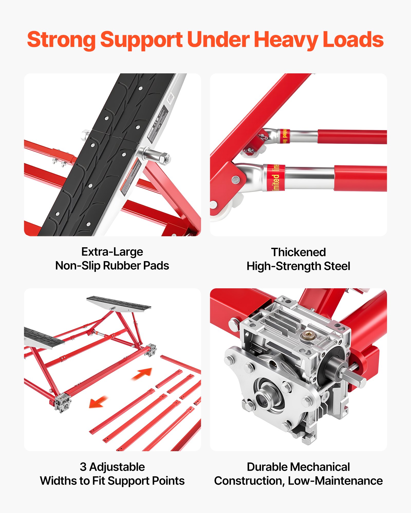 VEVOR draagbaar hefplatform, 2000 kg hefvermogen, stalen constructie met snelhefsysteem, maximale hefhoogte van 585 mm, verstelbare breedte en wielen. Hefinrichting voor auto's en bestelwagens, voor garages en werkplaatsen.