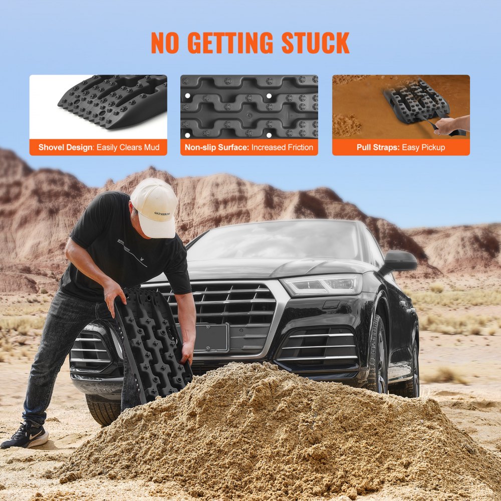 VEVOR 10 TON Traction Boards with PP Material, Recovery Boards for Off-road Vehicles/Cars/Pickups/SUVs/RVs, Pair Tire Traction Mats on Snow, Sand, Mud and Loose Terrain, Storage Bag, Short, Black