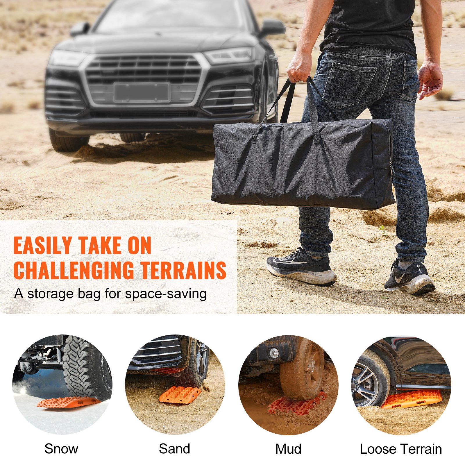 VEVOR 10 TON Traction Boards with PP Material, Recovery Boards for Off-road Vehicles/Cars/Pickups/SUVs/RVs, Pair Tire Traction Mats on Snow, Sand, Mud and Loose Terrain, Storage Bag, Short, Orange
