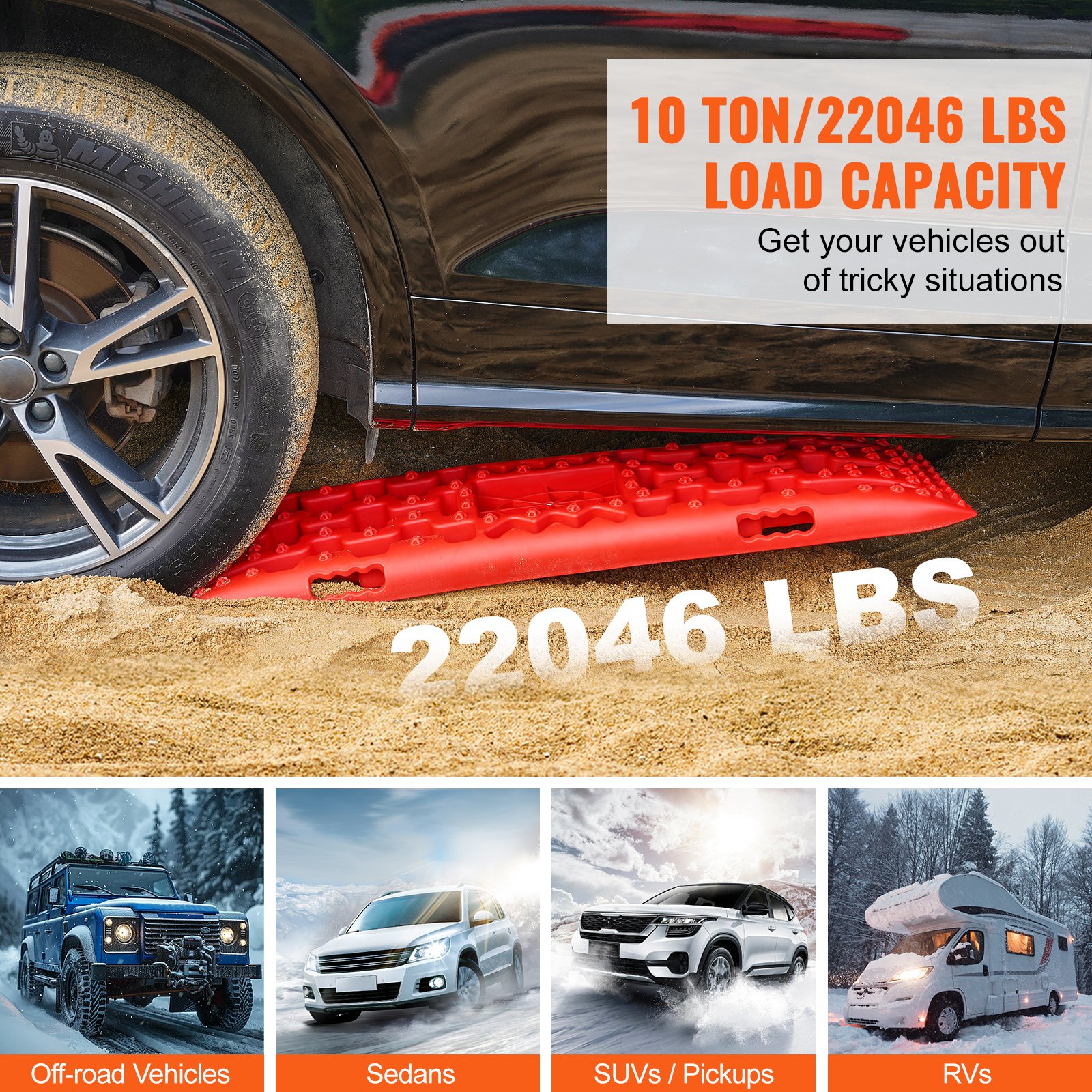 VEVOR 10 TON Traction Boards with PP Material, Recovery Boards for Off-road Vehicles/Cars/Pickups/SUVs/RVs, Pair Tire Traction Mats on Snow, Sand, Mud and Loose Terrain, Storage Bag, Long, Red