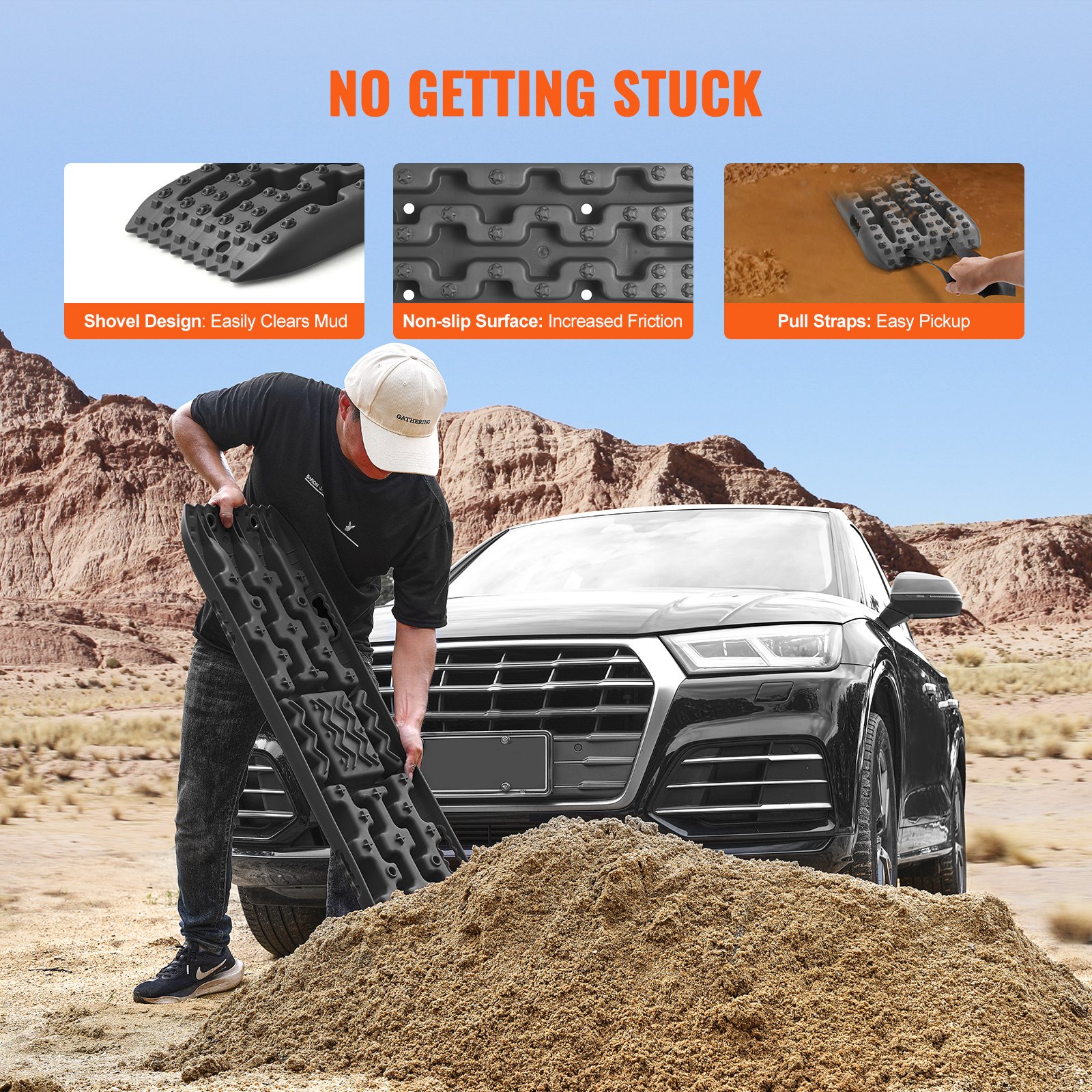 VEVOR 10 TON Tractieborden met PP-materiaal, herstelborden voor ATV's/auto's/pick-ups/SUV's/campers, paar bandentractiematten voor sneeuw, zand, modder en losse oppervlakken, opbergtas, lang, zwart