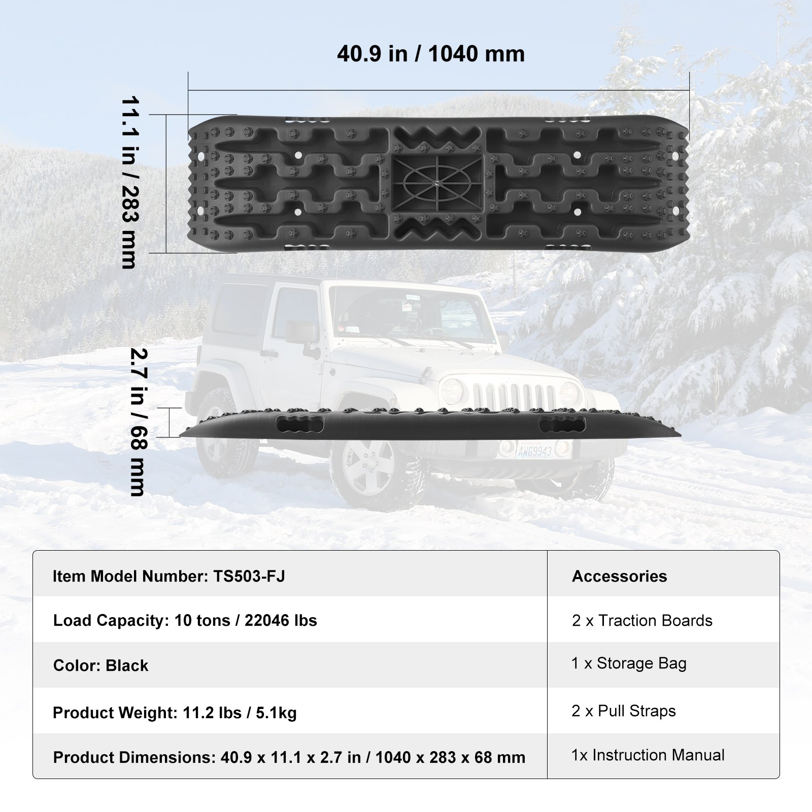 VEVOR 10 TON Tractieborden met PP-materiaal, herstelborden voor ATV's/auto's/pick-ups/SUV's/campers, paar bandentractiematten voor sneeuw, zand, modder en losse oppervlakken, opbergtas, lang, zwart