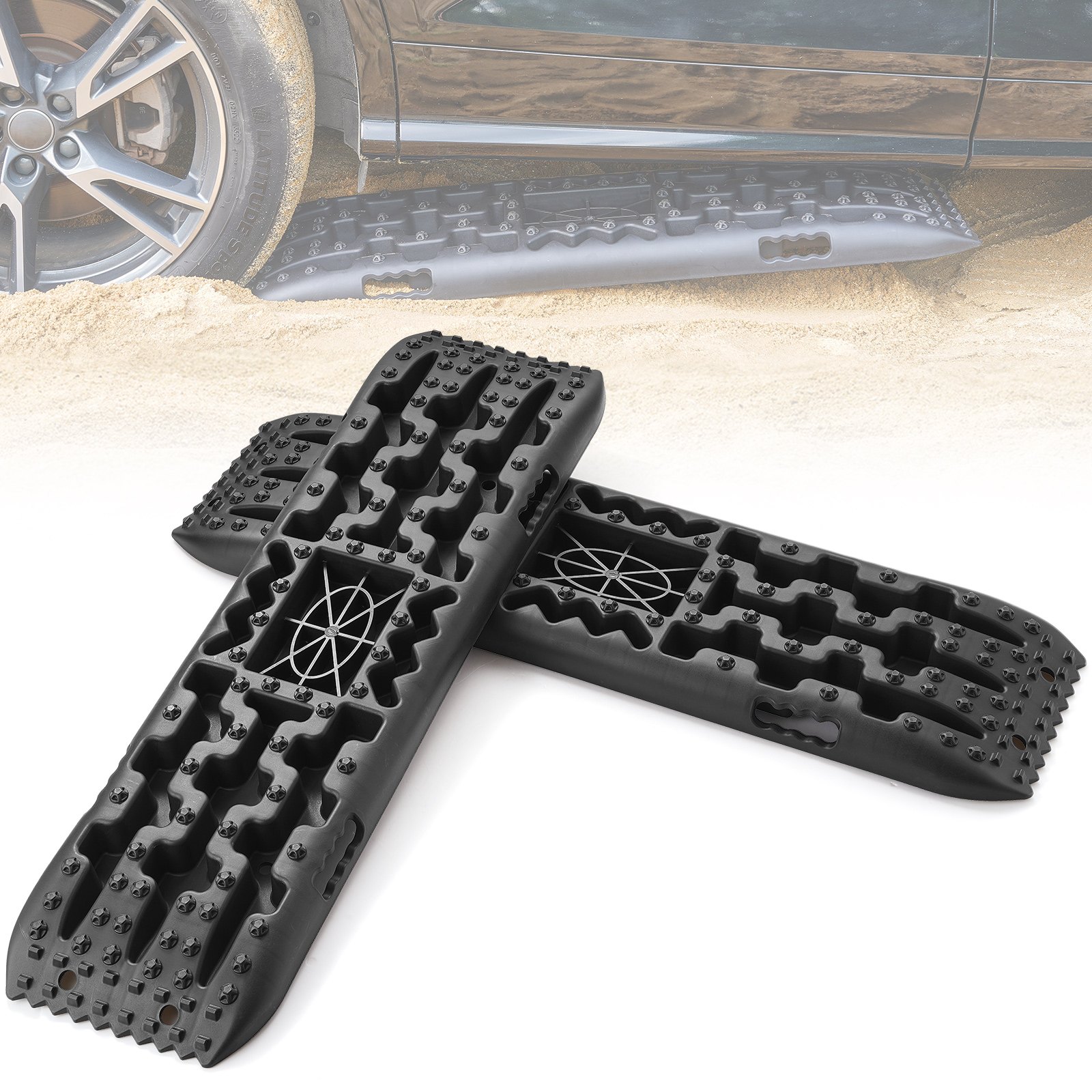 VEVOR 10 TON Tractieborden met PP-materiaal, herstelborden voor ATV's/auto's/pick-ups/SUV's/campers, paar bandentractiematten voor sneeuw, zand, modder en losse oppervlakken, opbergtas, lang, zwart