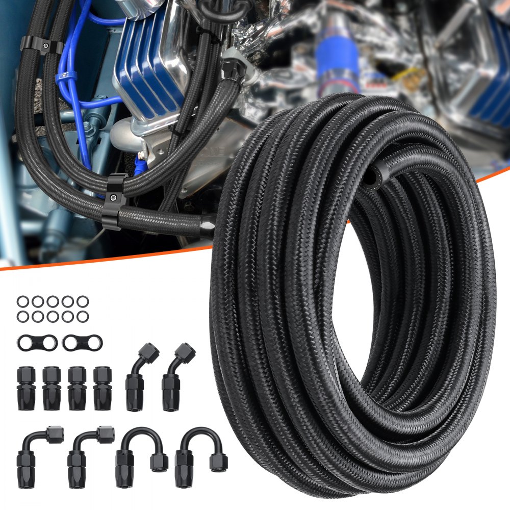 VEVOR 8AN Fuel Line Kit, 20 FT Fuel Hose Kit, 0.43" Nylon Stainless Steel Braided Fuel Line Oil/Gas/Diesel Hose End Fitting Kit, with 12 PCS Swivel Fitting Adapter Kit, Black