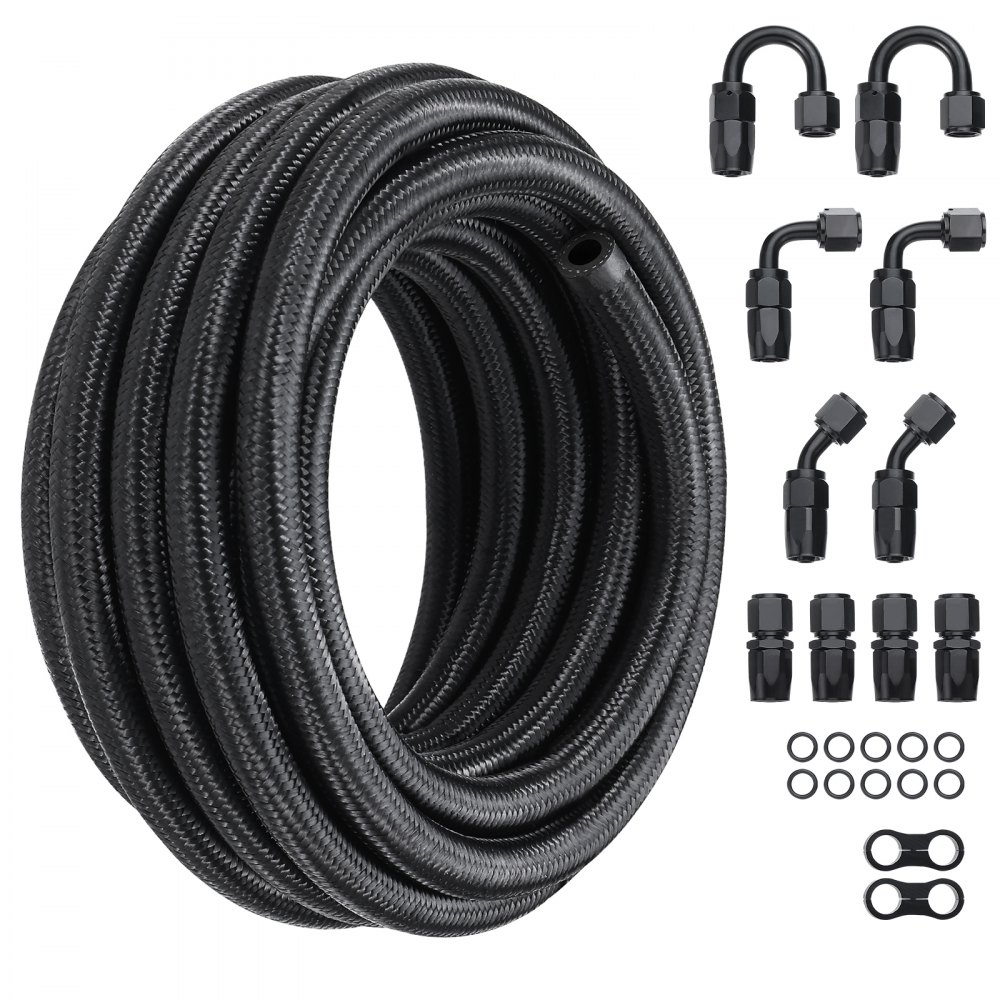 VEVOR 8AN Fuel Line Kit, 20 FT Fuel Hose Kit, 0.43" Nylon Stainless Steel Braided Fuel Line Oil/Gas/Diesel Hose End Fitting Kit, with 12 PCS Swivel Fitting Adapter Kit, Black