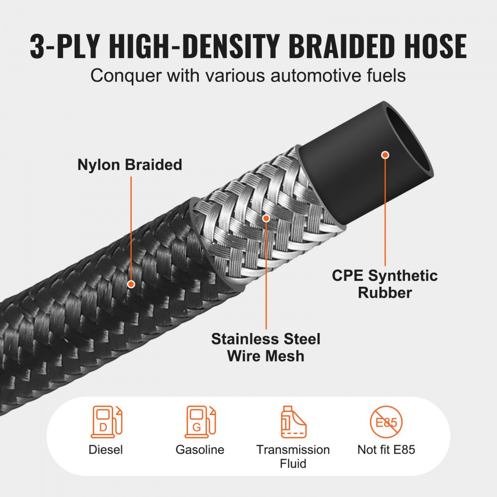 VEVOR 6-AN brandstofleidingset, 609,6 cm brandstofslangset, 0,34" nylon roestvrijstalen gevlochten brandstofleiding olie-/gas-/dieselslang eindfittingset 12-delige draaibare adapterset
