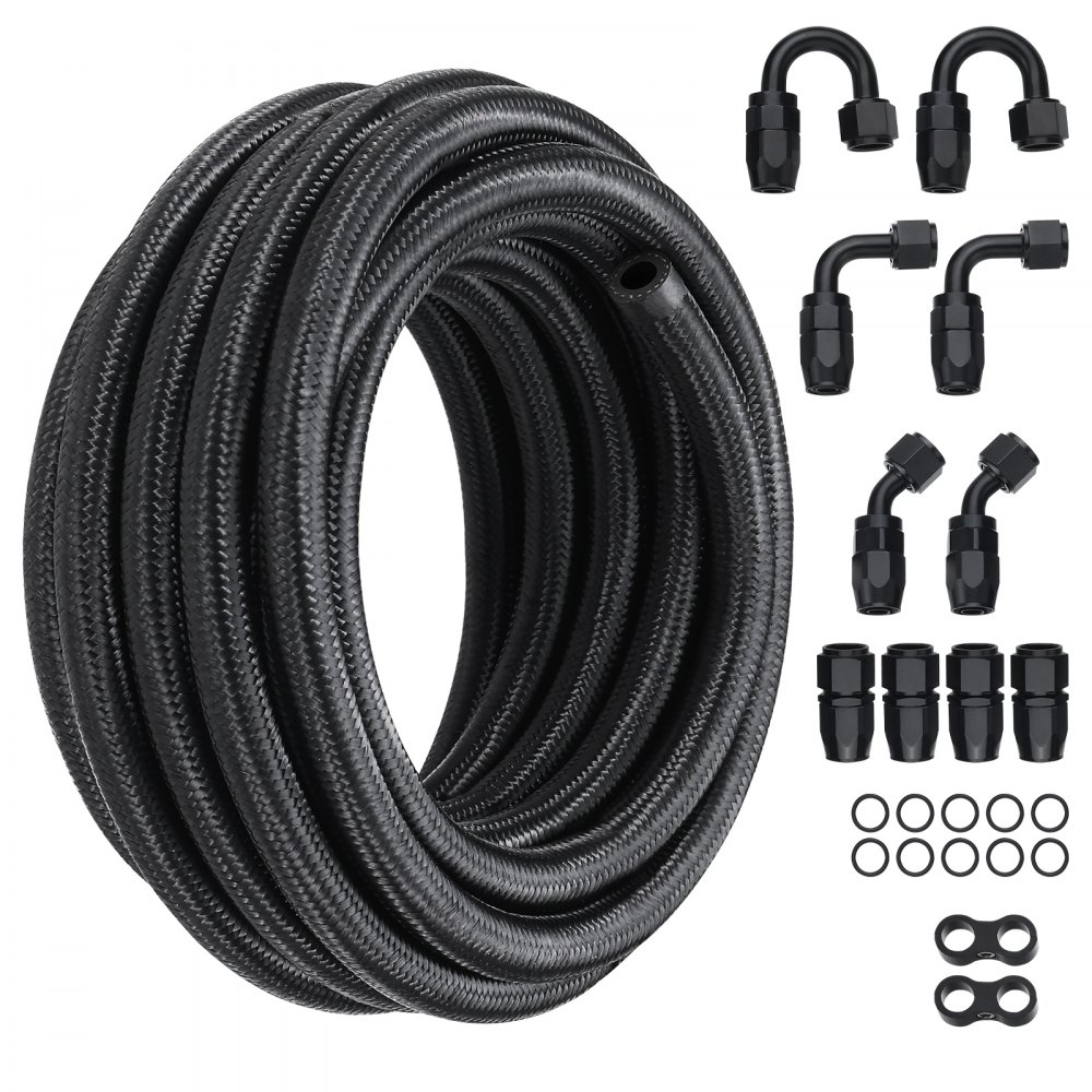 VEVOR 6-AN brandstofleidingset, 609,6 cm brandstofslangset, 0,34" nylon roestvrijstalen gevlochten brandstofleiding olie-/gas-/dieselslang eindfittingset 12-delige draaibare adapterset