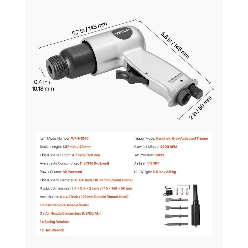 VEVOR Air Hammer, 4500BPM Pneumatic Hammer with Rust Removal Air Needle Scaler & 4PCS Chisels Round Shank, Lightweight & Compact Air Chisel Pneumatic Shovel Tool for Cutting Scraping Demolishing