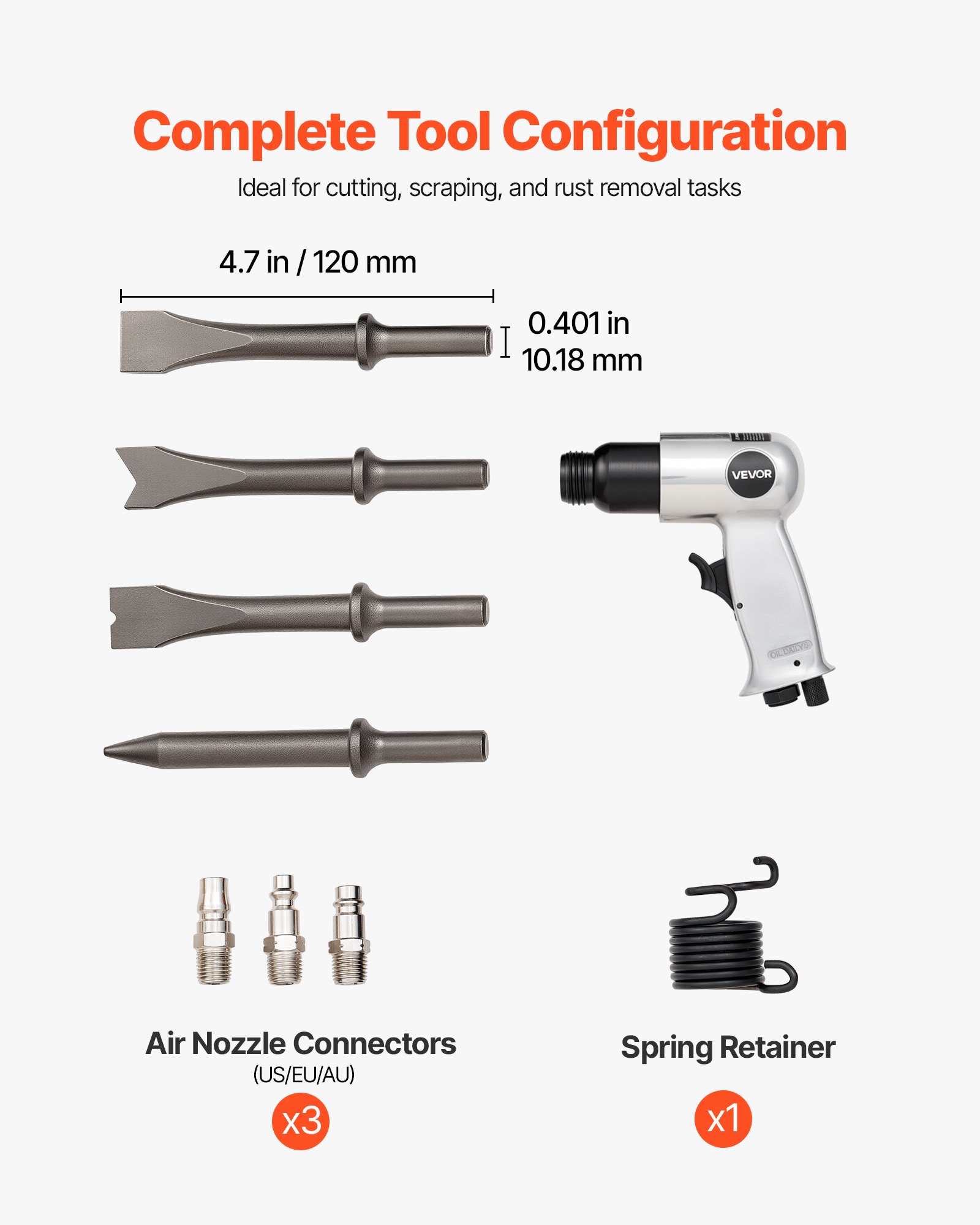 VEVOR Air Hammer, 4500BPM Pneumatic Hammer with Rust Removal Air Needle Scaler & 4PCS Chisels Round Shank, Lightweight & Compact Air Chisel Pneumatic Shovel Tool for Cutting Scraping Demolishing