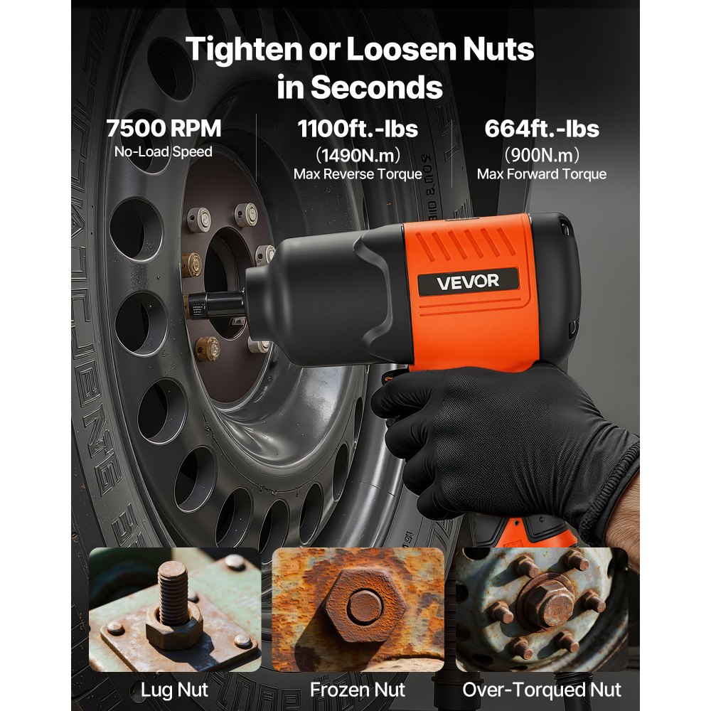 VEVOR Luchtslagsleutel, 12,7 mm aandrijving, tot 1490 Nm omgekeerd koppel, 7500 tpm, 4-snelheden aanpassing en pneumatisch luchtpistool voor autoreparaties en onderhoud