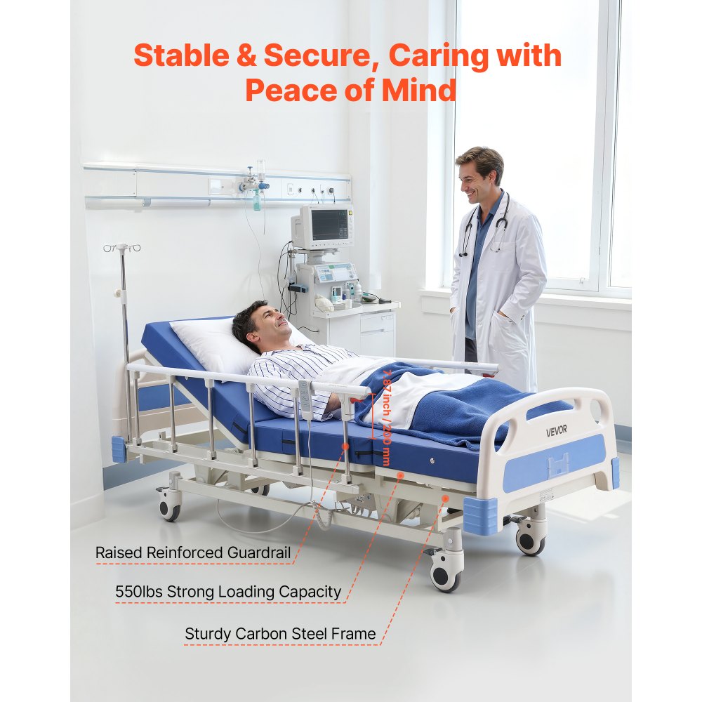 VEVOR Premium 3 Function Full Electric Hospital Bed, Electric Medical Bed with Backrest, Legrest & Height Adjustment, 5" Locking Casters, High-Density Mattress for Home Hospital, 250kg Loading