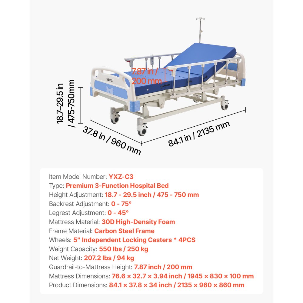 VEVOR Premium 3 Function Full Electric Hospital Bed, Electric Medical Bed with Backrest, Legrest & Height Adjustment, 5" Locking Casters, High-Density Mattress for Home Hospital, 250kg Loading