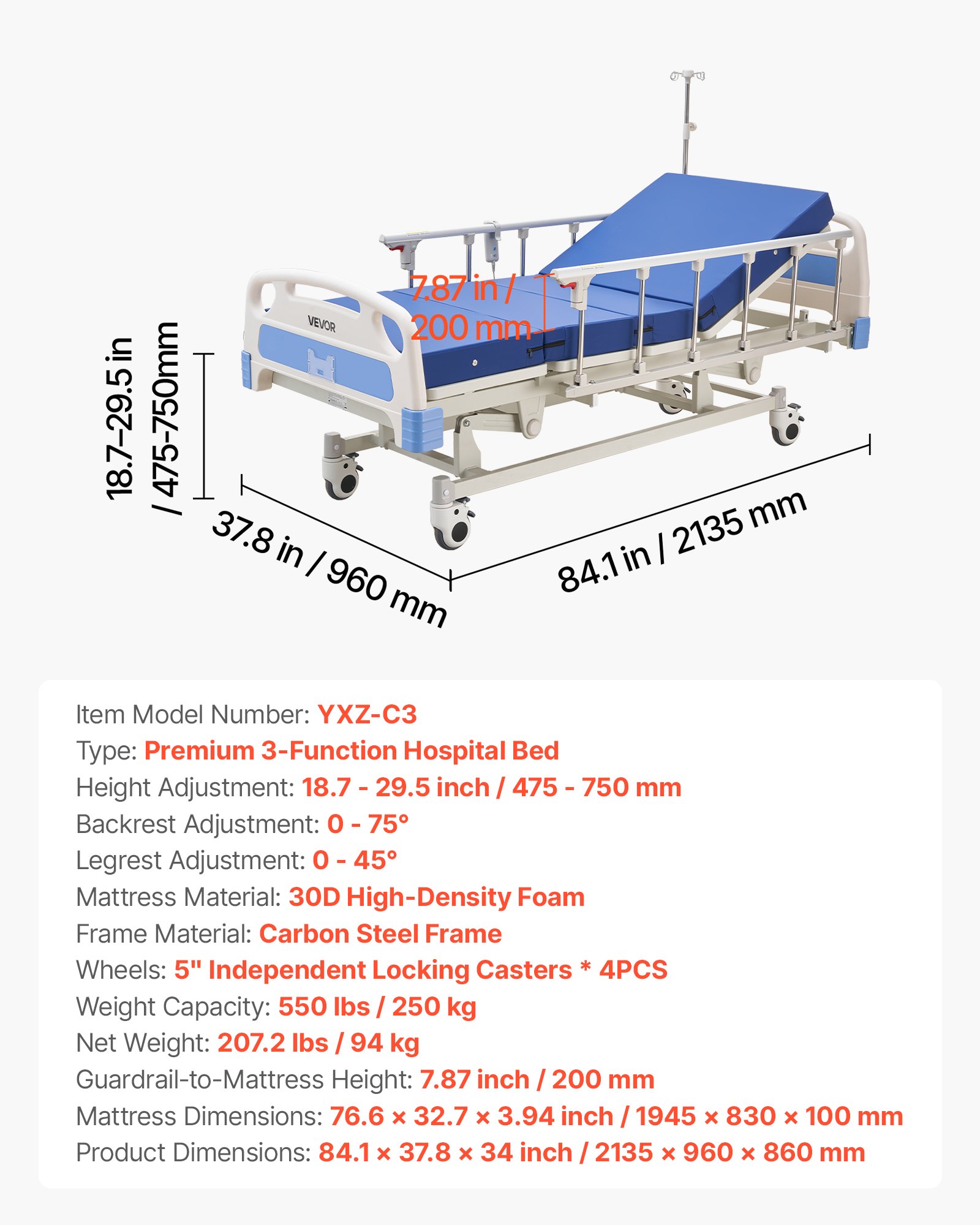 VEVOR Premium 3 Function Full Electric Hospital Bed, Electric Medical Bed with Backrest, Legrest & Height Adjustment, 5" Locking Casters, High-Density Mattress for Home Hospital, 250kg Loading