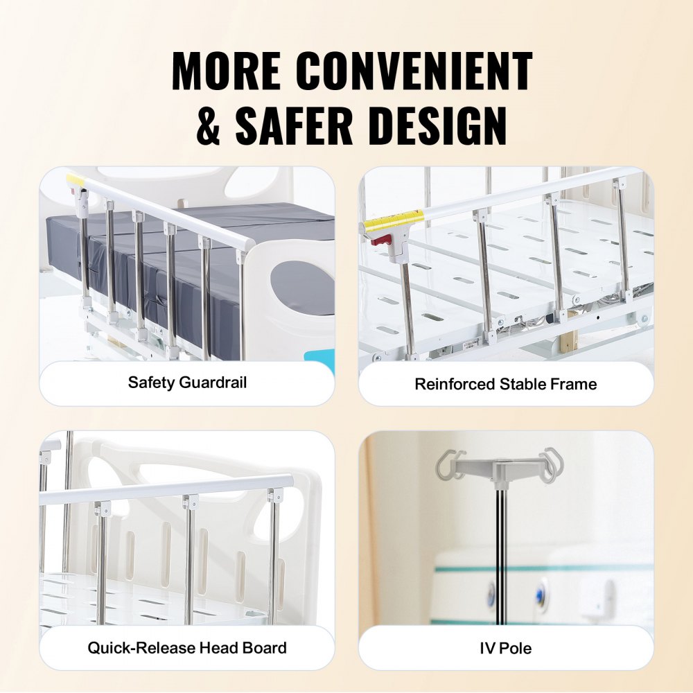 VEVOR Premium volledig elektrisch ziekenhuisbed met 3 functies, elektrisch medisch intensivecarebed met matras en infuusstandaard, handbediening en 12,7 cm vergrendelbare zwenkwielen voor thuisgebruik, draagvermogen 200 kg