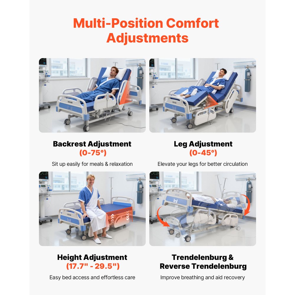 VEVOR Premium 5 Function Full Electric Hospital Bed, Electric Medical Bed with Trendelenburg & Reverse Trendelenburg, 5" Locking Casters & High-Density Mattress for Home Hospital, 250kg Loading