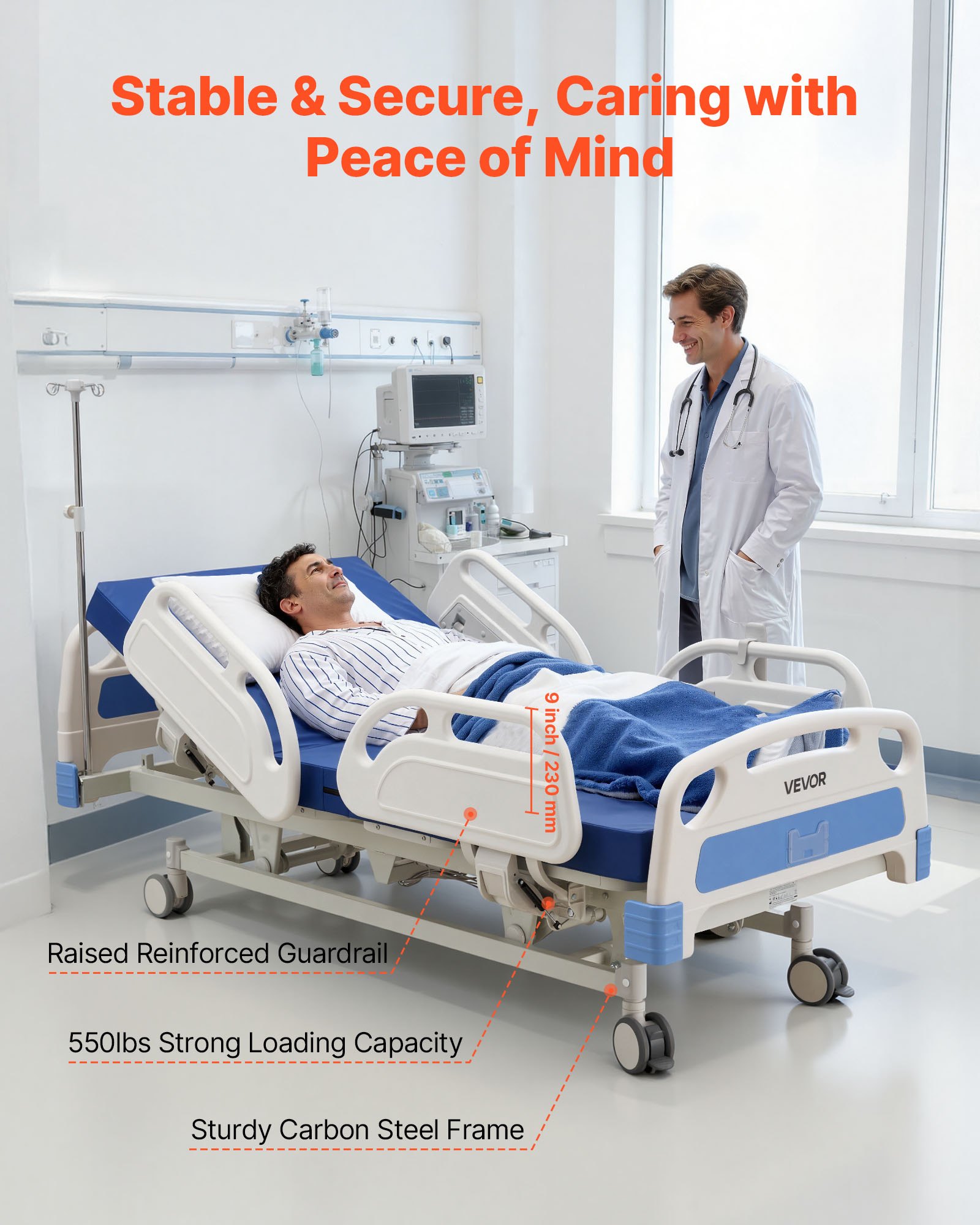 VEVOR Premium 5 Function Full Electric Hospital Bed, Electric Medical Bed with Trendelenburg & Reverse Trendelenburg, 5" Locking Casters & High-Density Mattress for Home Hospital, 250kg Loading