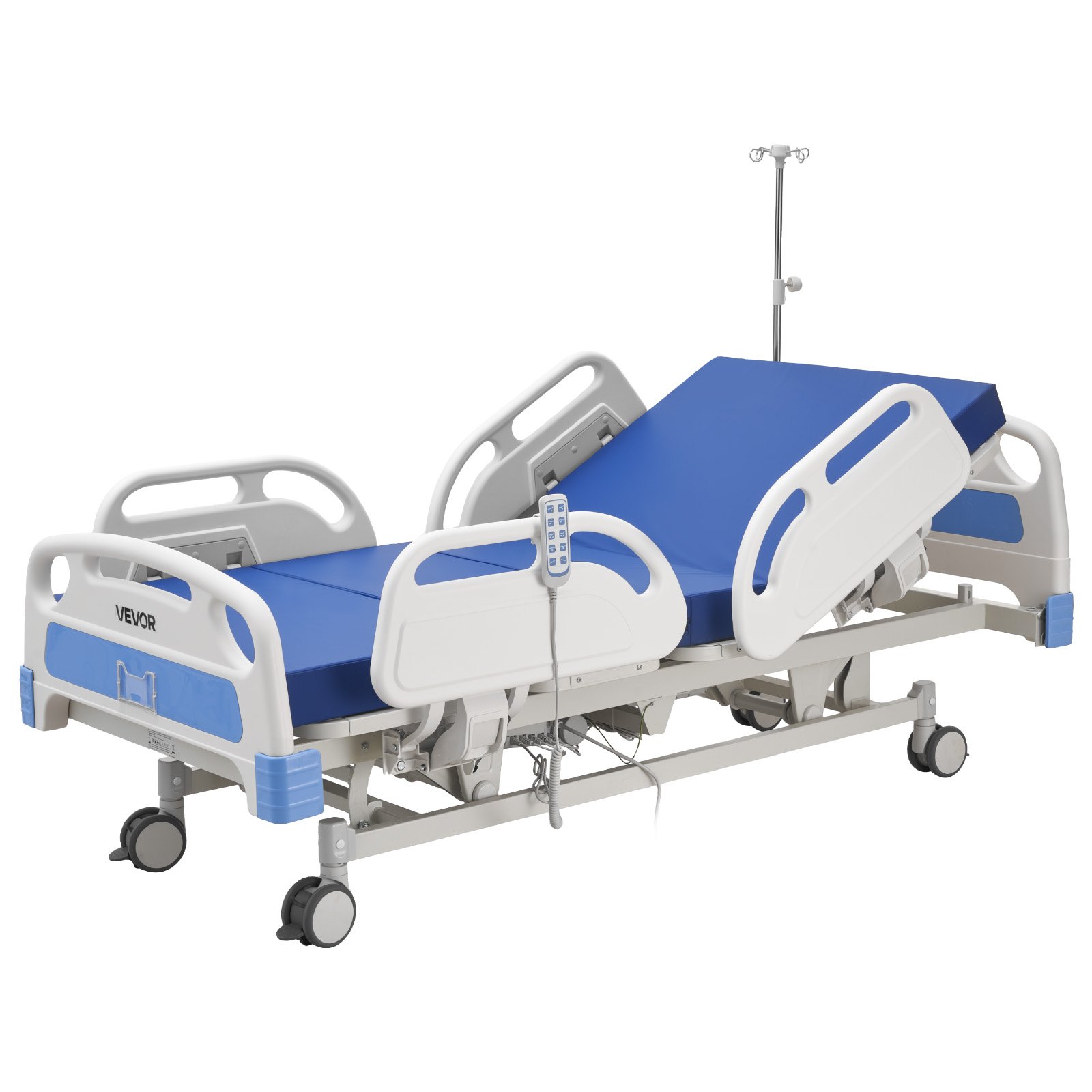 VEVOR Premium 5 Function Full Electric Hospital Bed, Electric Medical Bed with Trendelenburg & Reverse Trendelenburg, 5" Locking Casters & High-Density Mattress for Home Hospital, 250kg Loading