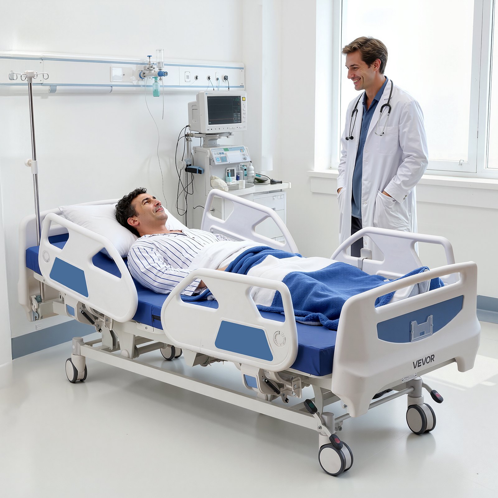 VEVOR Premium 5 Function Full Electric Hospital Bed, Electric Medical Bed with Trendelenburg & Reverse Trendelenburg and Central Locking System with 5" Casters for Home Hospital, 250kg Loading