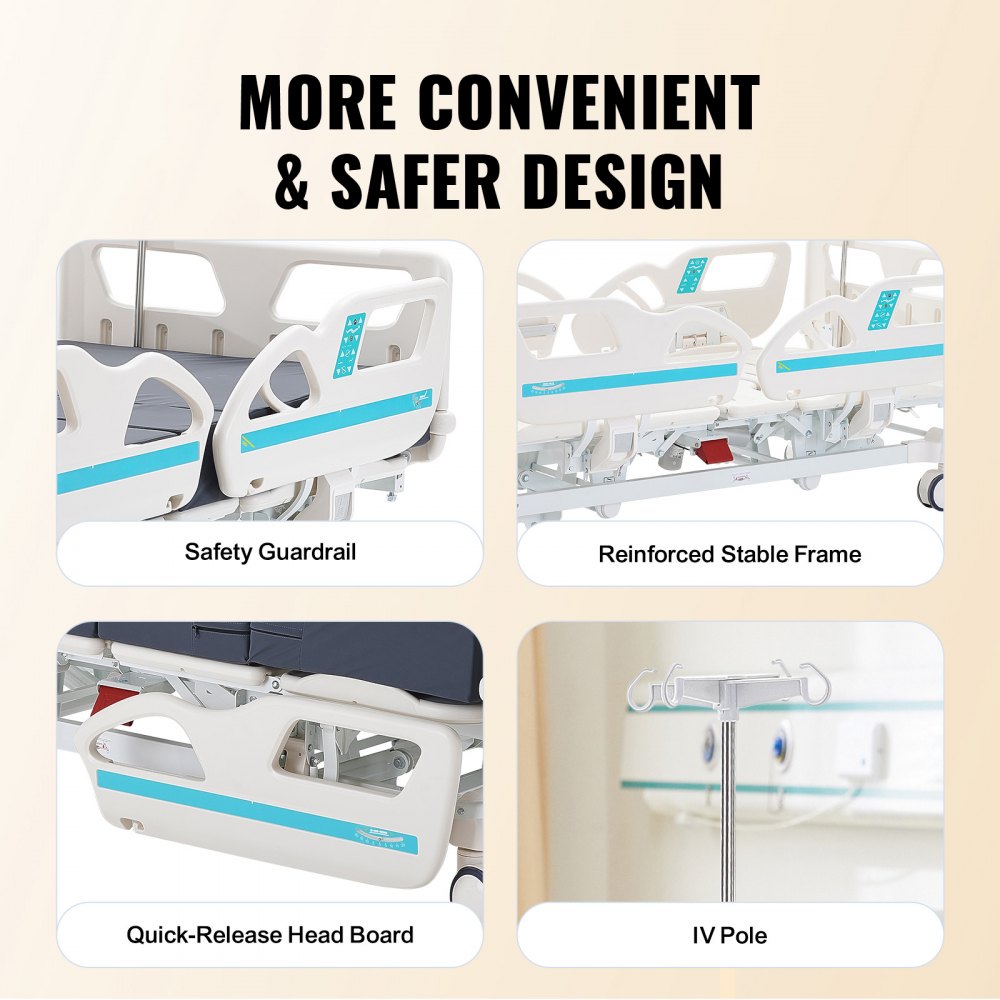 VEVOR Premium ziekenhuisbed met 5 functies, volledig elektrisch medisch intensivecarebed met cardiostoelpositie, Trendelenburg- en omgekeerde Trendelenburg-positie, 12,7 cm vergrendelbare wielen voor thuisgebruik, draagvermogen 250 kg