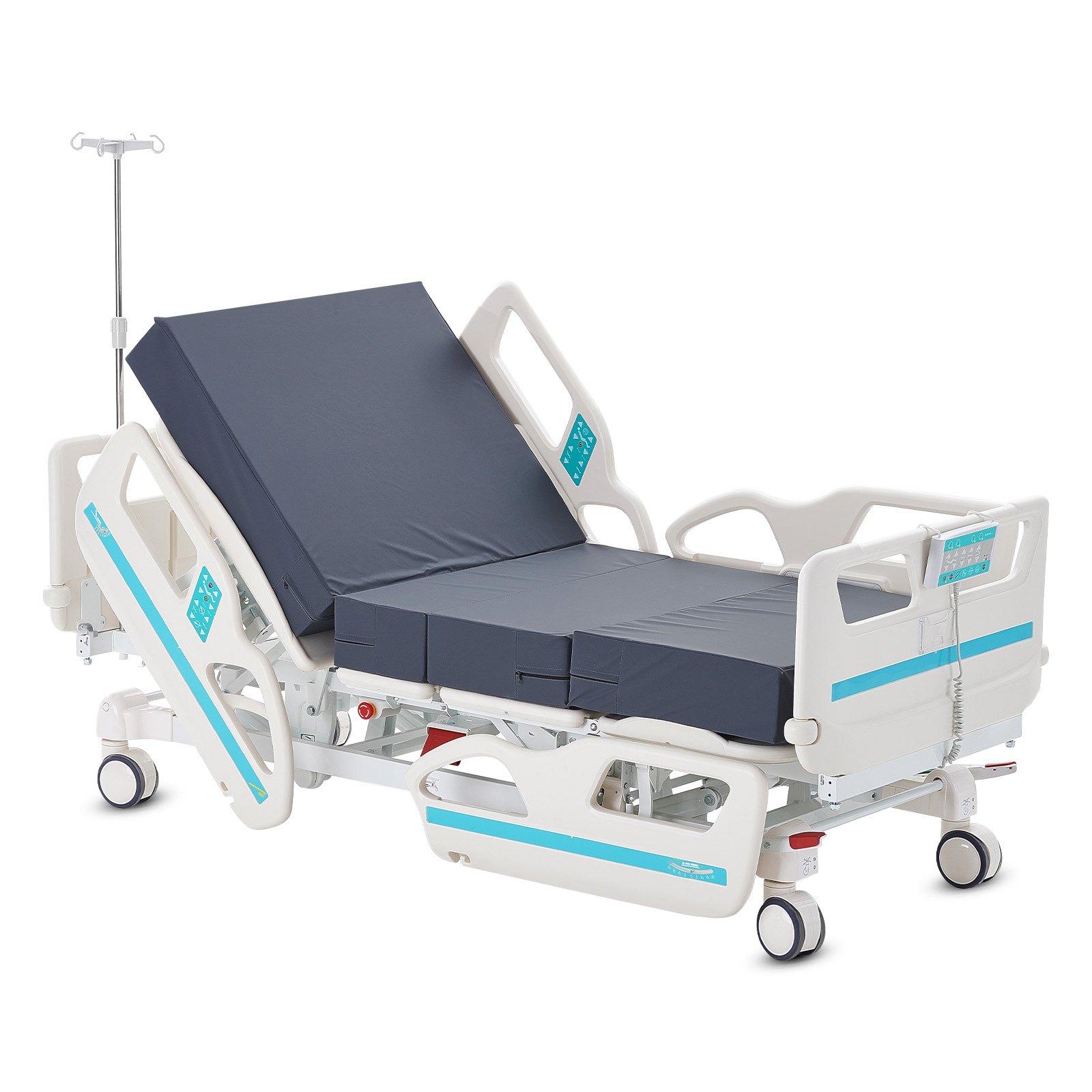 VEVOR Premium ziekenhuisbed met 5 functies, volledig elektrisch medisch intensivecarebed met cardiostoelpositie, Trendelenburg- en omgekeerde Trendelenburg-positie, 12,7 cm vergrendelbare wielen voor thuisgebruik, draagvermogen 250 kg