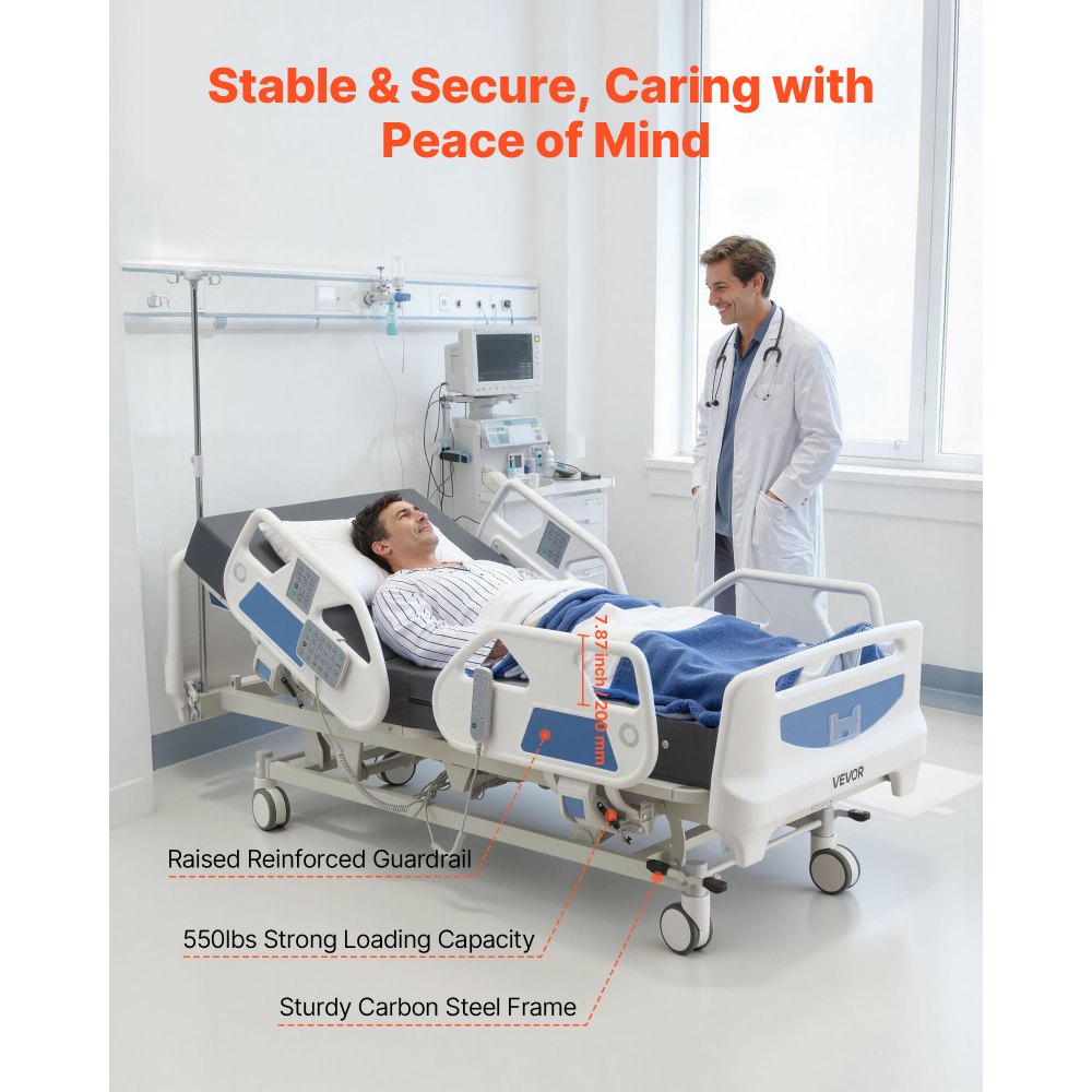 VEVOR Premium 5 Function Full Electric Hospital Bed, Electric Medical Bed with Cardiac Chair, CPR, Trendelenburg & Reverse Trendelenburg, Central Locking System with 5" Casters for Home Hospital