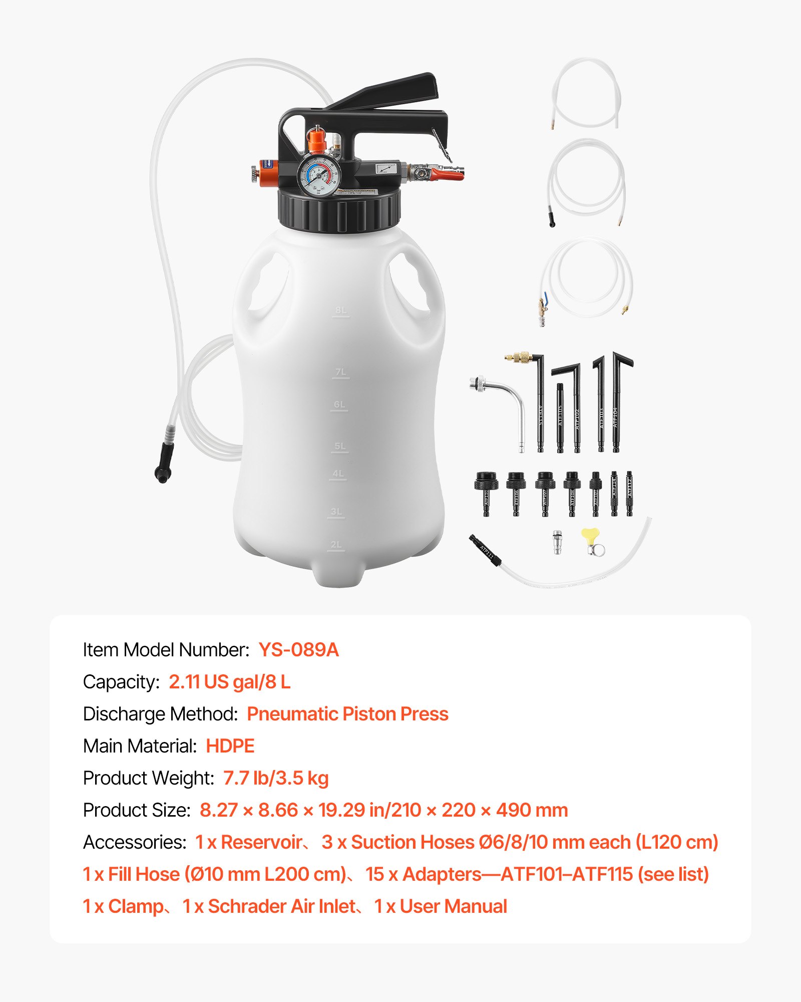 VEVOR 8L tandwieloliepomp, pneumatische transferpomp met 15 ATF-adapters, tandwielolievulapparaat met HDPE-tank, olie-afzuigpomp, olievulapparaat, olievuller, pompgereedschap voor auto's en boten